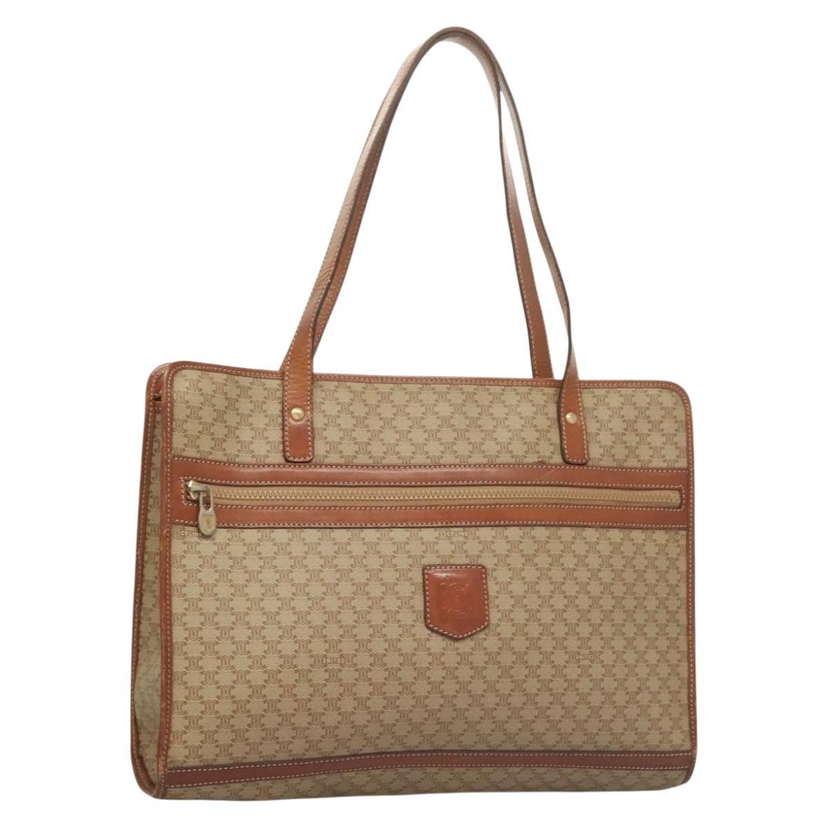 Celine Macadam Canvas Tote Bag Beige Gold Auth Gh382